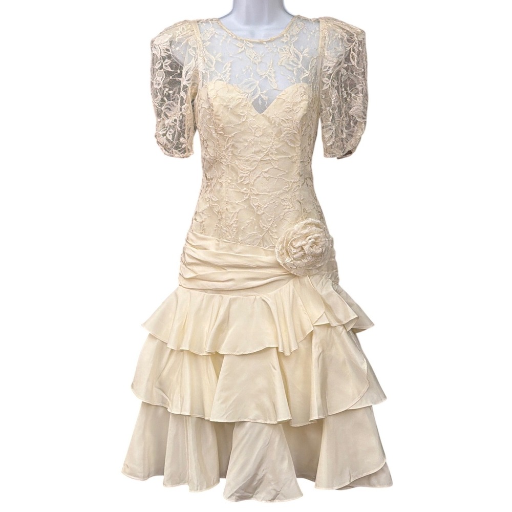 80s Dovizia Lace Ruffle Dress Romantic Coquette Regencycore Prom Cream Size 4